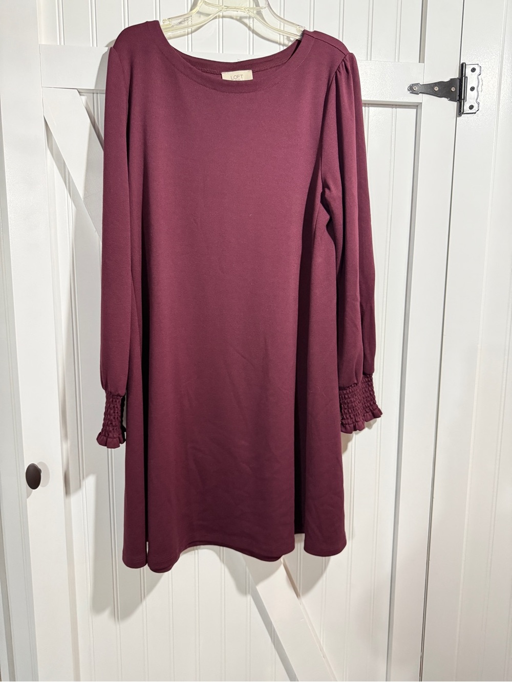 LOFT Burgundy Long-Sleeve Smocked Cuff Midi Dress